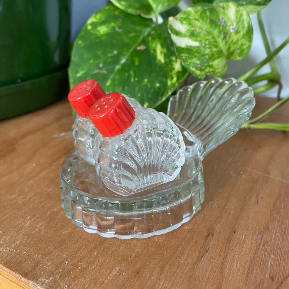 Vintage Glass Shell Salt and Pepper Shakers with Red Caps